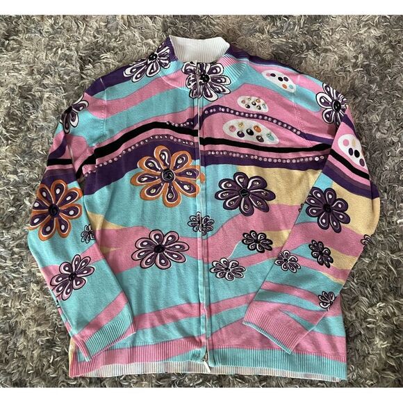 Sweaters - sylvia oh by le mieux studio Knit Sweater Full Zip Floral Bright